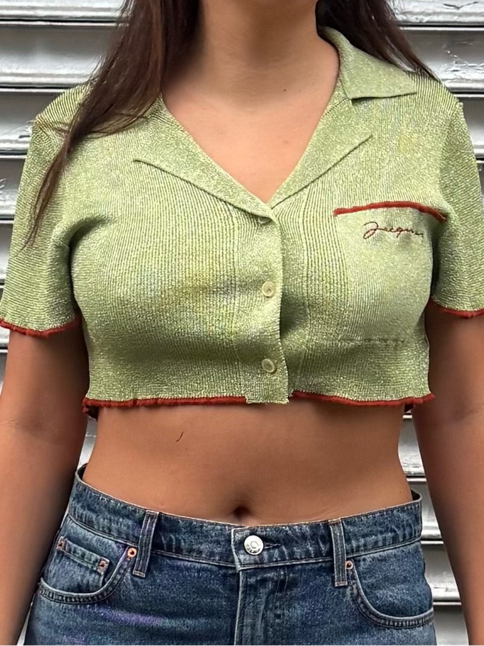 Jacquemus Olive Metallic crop button up